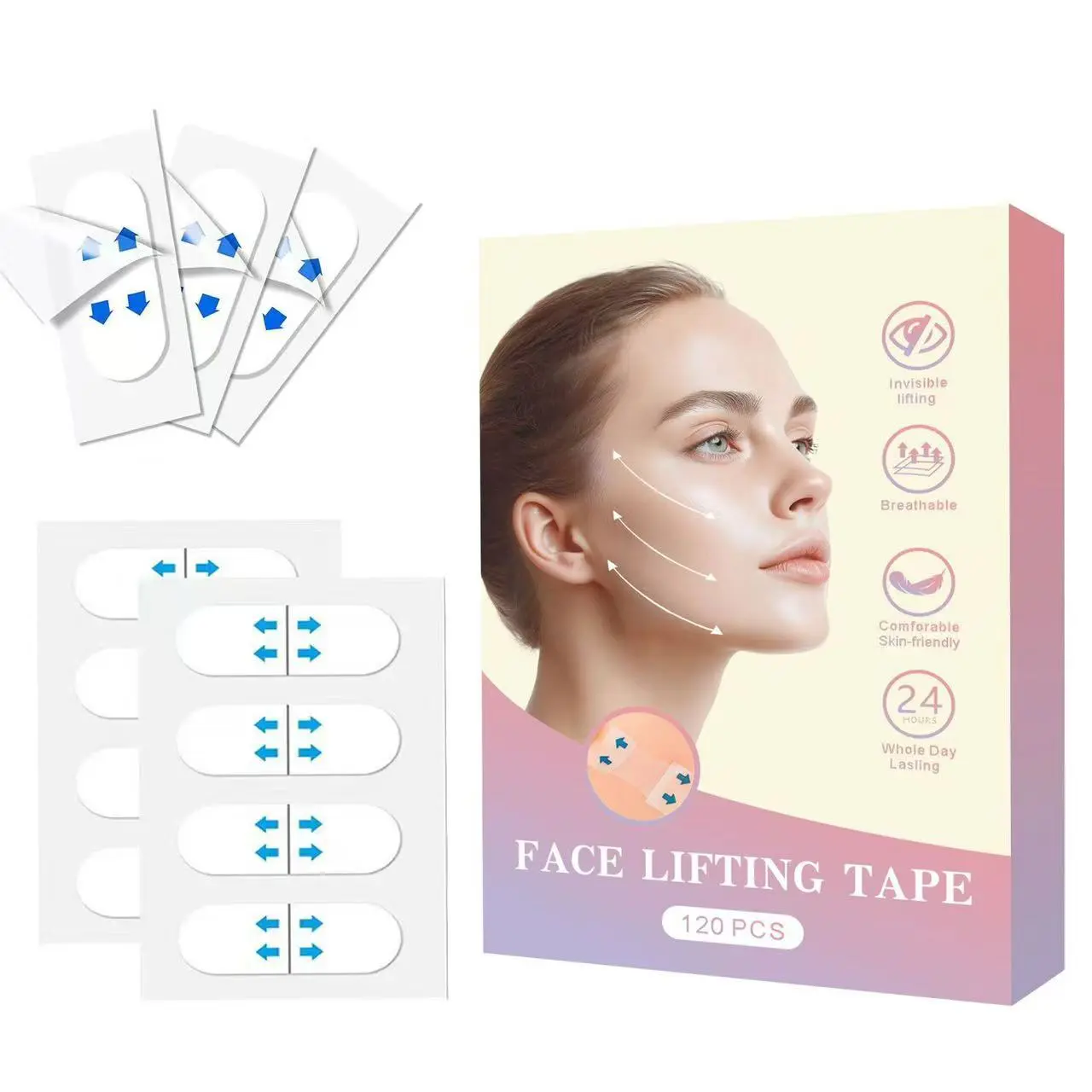 120PCS Invisible Instant Face Lift Tape Beauty Tool, 24H Breathable Waterproof Lightweight Facial Lifting Patches for V-Shape Jawline, Jaw Enhancer, Contour, Double Chin & Sagging Skin, Non-Surgical All Skin Types Makeup Slim Stickers, Single Item