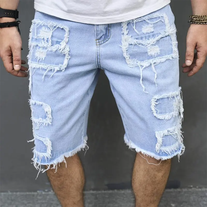 Men's Stylish Ripped Denim Shorts - Retro Menswear, Summer Casual 5-Quarter Pants with Seamless Edges and Jeans Pocket