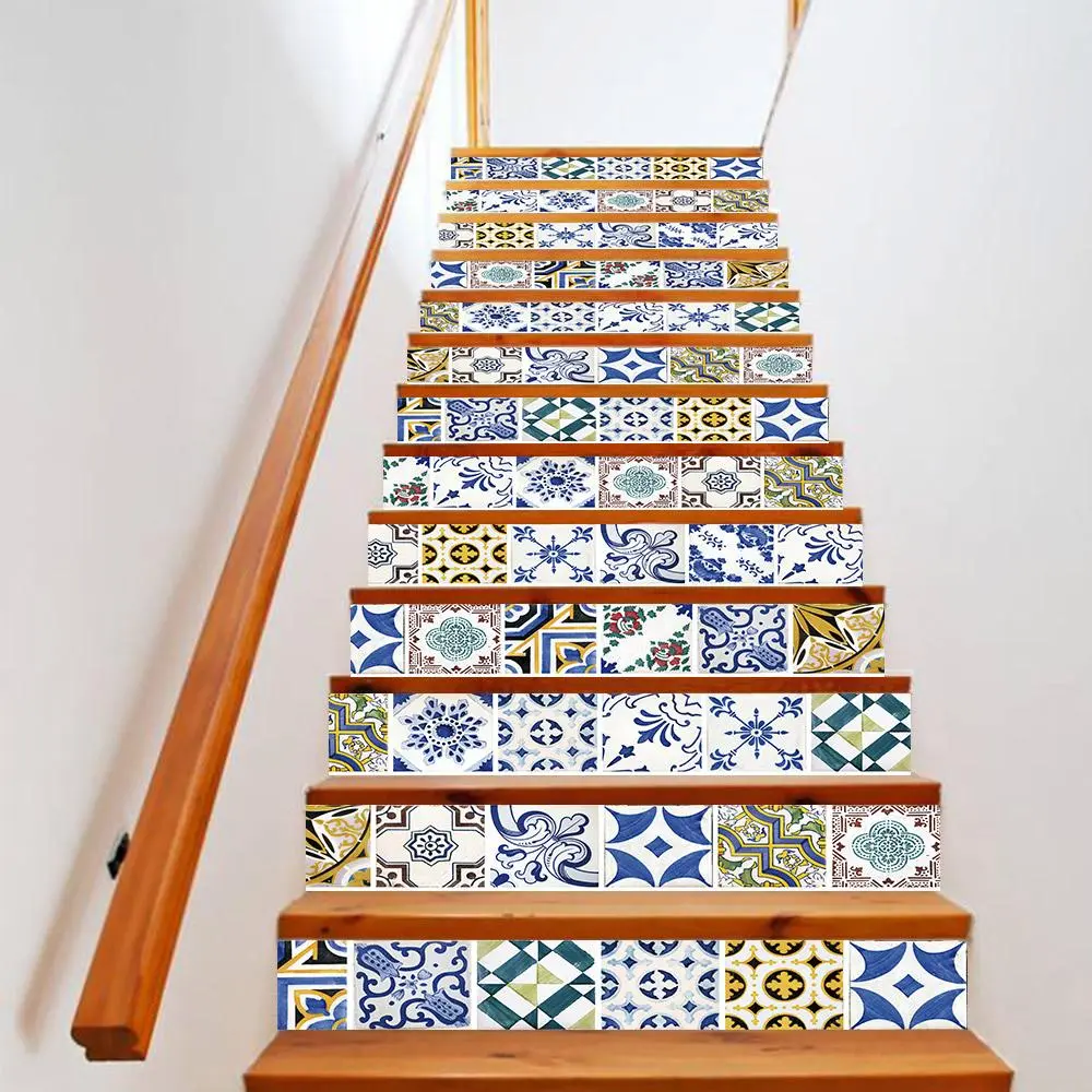 Geometric Pattern Stair Sticker, 13pcs/set Waterproof Self Adhesive Stair Wall Tile Sticker, Decorative Sticker for Home Living Room Bedroom