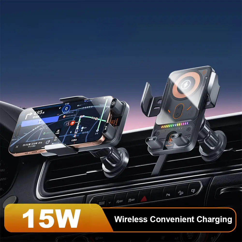 Multifunctional Car Phone Holder Air Vent Mount with Electric Induction Opening Closing 15W Wireless Charging Horizontal Vertical Rotation Compatible with Apple & Android Phones