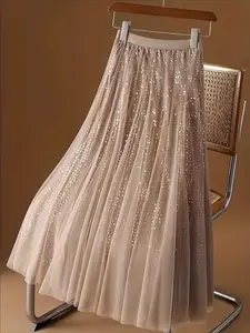 Elegant Fashion Sequined Mesh Skirt, Mid-Length Swing Dress, Stylish Women's Clothing, Perfect for Parties & Events