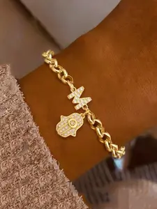 Women's Vintage Stainless Steel Bracelet with Zirconia Letter and Eye Palm Design, Casual All Seasons Jewelry for Daily Wear