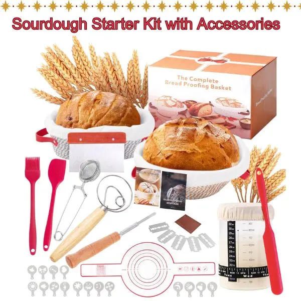 Sourdough Starter Bakeware Utensil Set with Mixed Materials (Rubber, ABS, Corrosion-Resistant) - 9in Round/10in Oval Banneton Baskets, Dough Whisk, Glass Jar, Silicone Tools, Scoring Tool, Bread Knives - for Artisan Loaf Making, Ideal Easter Gift