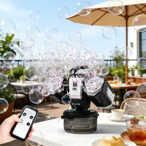 Automatic Dual Head Bubble Machine, Remote Charging, RGB Atmosphere Light, 360° Rotation, Includes 50ML Concentrate, Wedding Party Outdoor Use