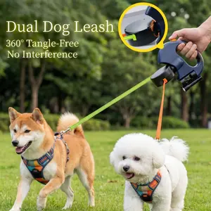 Dual Dog Retractable Leash Auto-Untangles Supports Up to 50lb Dogs 10ft Distance Each Color-Coded Control Reflective Waterproof Leashes