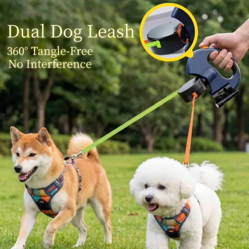 Dual Dog Retractable Leash Auto-Untangles Supports Up to 50lb Dogs 10ft Distance Each Color-Coded Control Reflective Waterproof Leashes