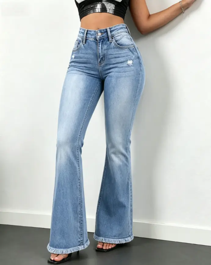 Women's High Rise Bootcut Jeans in Light Blue Stretch Denim, Vintage Casual Wear with Frayed Hems and Destroyed Details, Cowgirl-Inspired Below the Ankle for All Seasons, Flexibility And Ease Of Movement, High Waist, Machine Washable, Normal Type, Retro,,