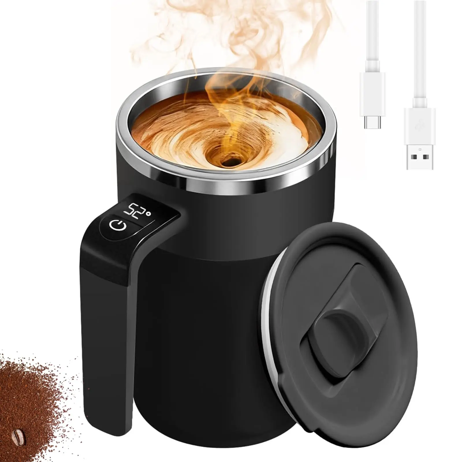 13.5oz Minimalist Automatic Self-Stirring Coffee Cup - Black 316 Stainless Steel Insulated Portable Compact Tumbler with Temp Display, Lid, ABS Office Desk Tech Gadget for Drinks