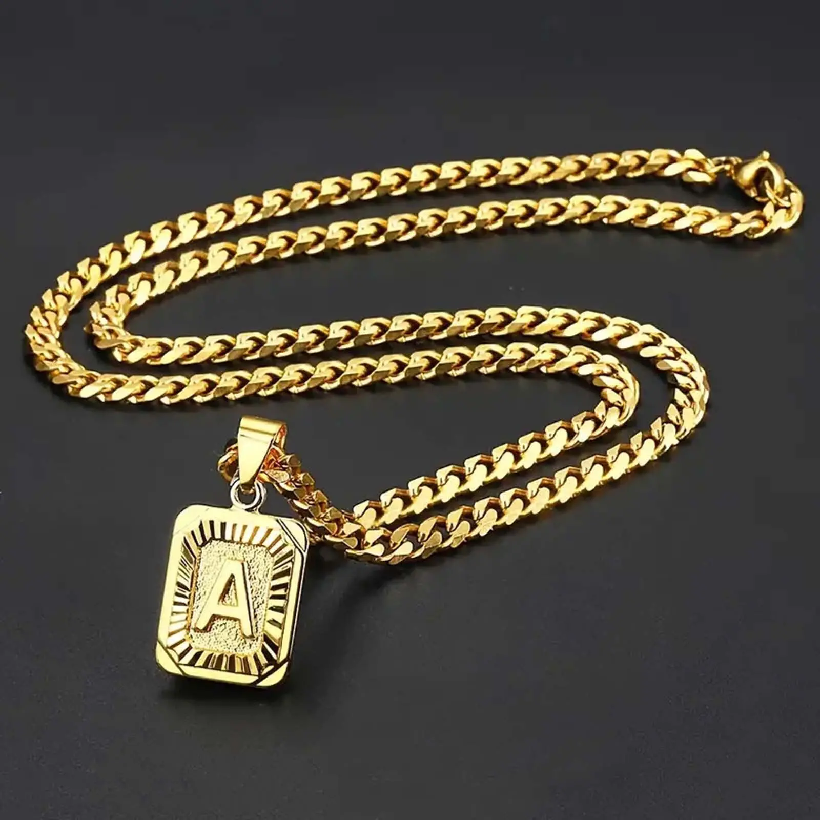 Personalized Initial Letter Necklace with Artificial Gemstone Square Pendant, Urban Cuban Link Chain for Adults, Daily Wear, Alphabet Detail Pendant, Casual, Necklaces, Figaro Chain, Female, Unisex, Modern Street Style, Metal Coating, Everyday Wear, Cuban