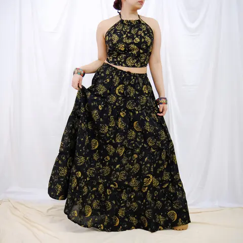Women's Lady's 2-Piece Casual Boho Cotton Clothes Set - Sleeveless Halter Top, Full Length Flowy Tiered Pocket Maxi Skirt, Basic Mushroom Celestial Whimsy Goth Hippie Style Summer Festival Wear