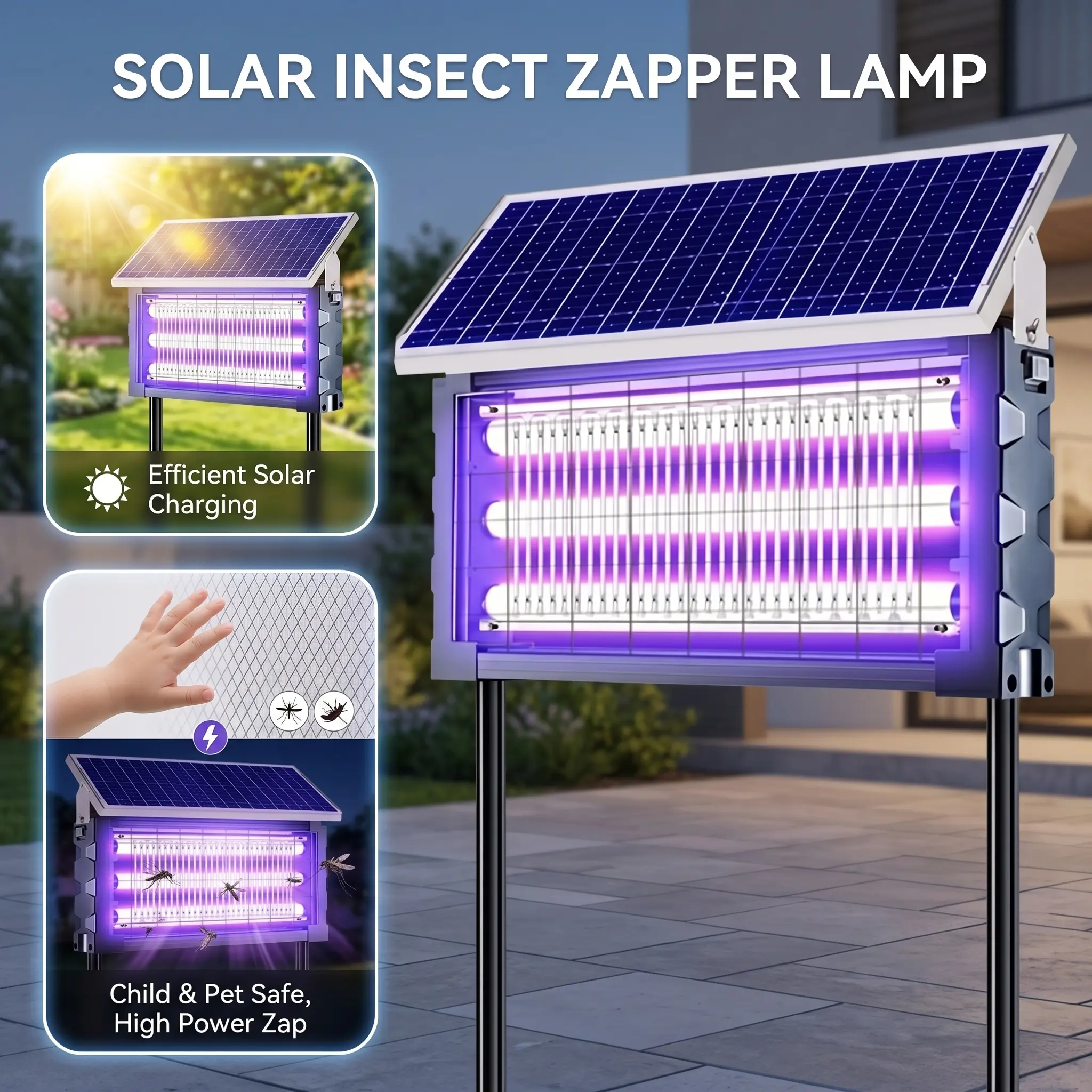 Solar-Powered Outdoor Insect Killer Light, 3-Tube Efficient Model with Solar Charging & USB Supply, IPX5 Water Resistant, Durability and Longevity for Home Gardens, Camping