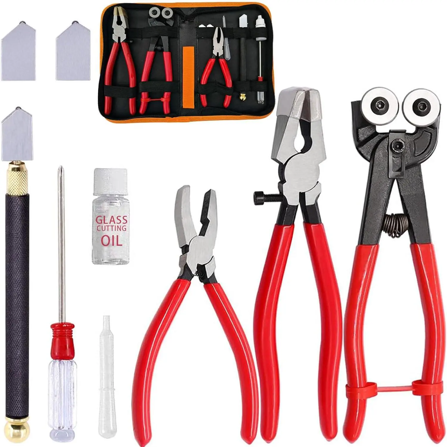 Glass  Tool Glass  Tool Set Kit with Glass Running Pliers Breaking Pliers Wheeled Tile Nippers Zipper Package, Oil Feed Glass  for Stained Glass Mirror Tile Cut