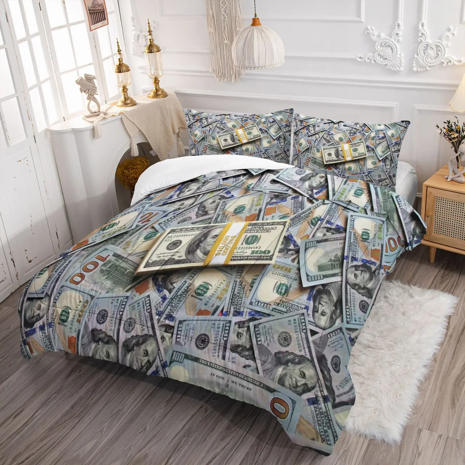 Money-Themed Printed Bedding Set: Fun U.S. Dollar Print Comforter & Pillowcase Set — Novelty Bedroom Decor that is High-End, Stylish, Soft, and Comfortable (Includes 1 Quilt  + 1 or 2 Pillowcases) 11 Different Denominations Of Coins Are Available.