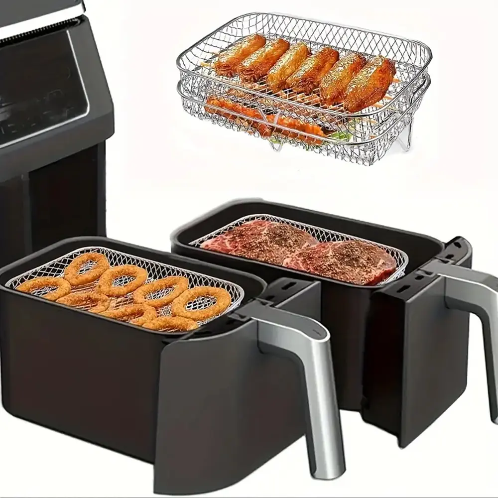 2-Layer 304 Stainless Steel Air Fryer Rack, Stackable Grill Basket and Toast Rack for Chicken Wings and Toast, Cooking Rack for Indoor Grill Accessories, Air Fryer Accessory Set
