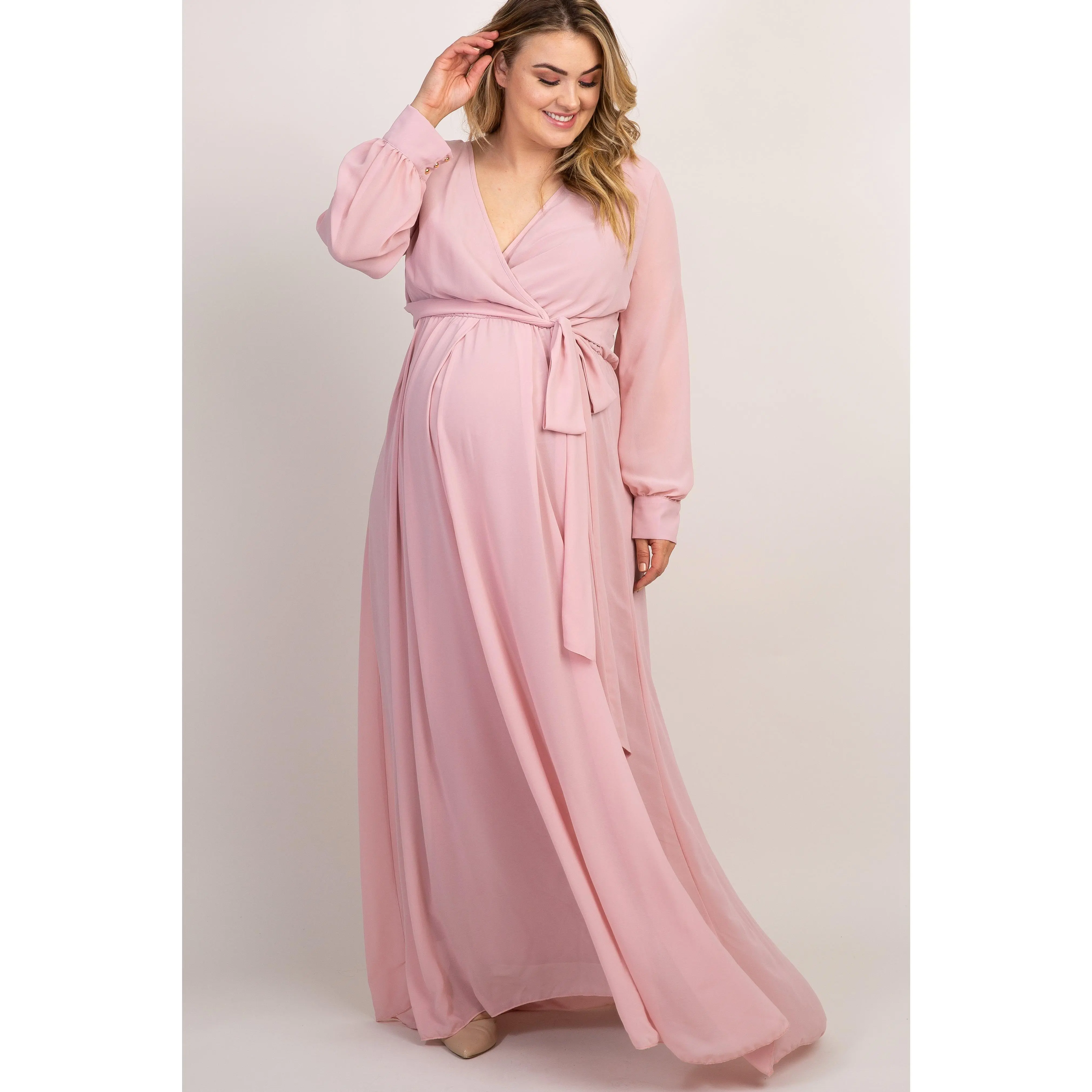 Light Pink Chiffon Long Sleeve Pleated Plus Maternity Maxi Dress, Maternity Wear, Dress The Bump, Baby Bump, Bump Style