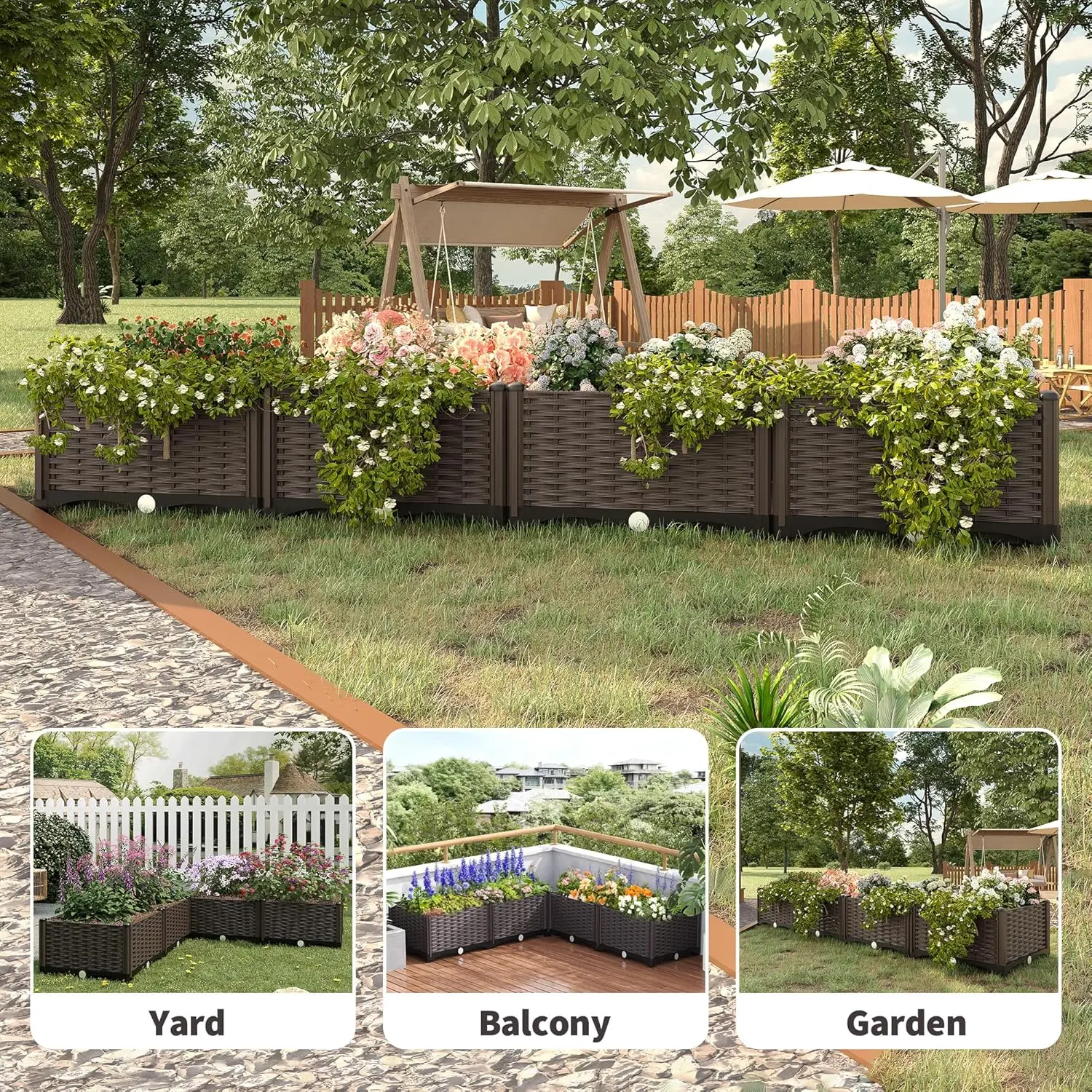 Garvee 63 Inch Self-Watering Raised Garden Bed – Large Deep Rectangle Planter Box, Rattan-Style Weatherproof Plastic with Drainage Plug, Outdoor Vegetable, Flower & Herb Container for Patio, Balcony, Deck, Brown
