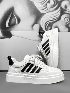 Vintage Retro Platform Sneakers, Sports Shoes - White Leather Upper, 4-Stripe Design, Thick Sole Height Boost, Non-Slip Outsole, Timeless White Black Colorway, Trainer - Vintage Outfits, Street Fashion & Hypebeast Style - Unisex Casual Shoes