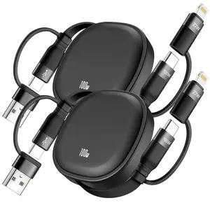 5 in1 Retractable USB Type C Cable 100W, 2 Pack Multi Charging Cable 5A Charging Cord USBC Cable with USB A+C to L/C Charger For iPhone Series,Samsung Galaxy,MacBook,iPad,Tablets (3.66ft)