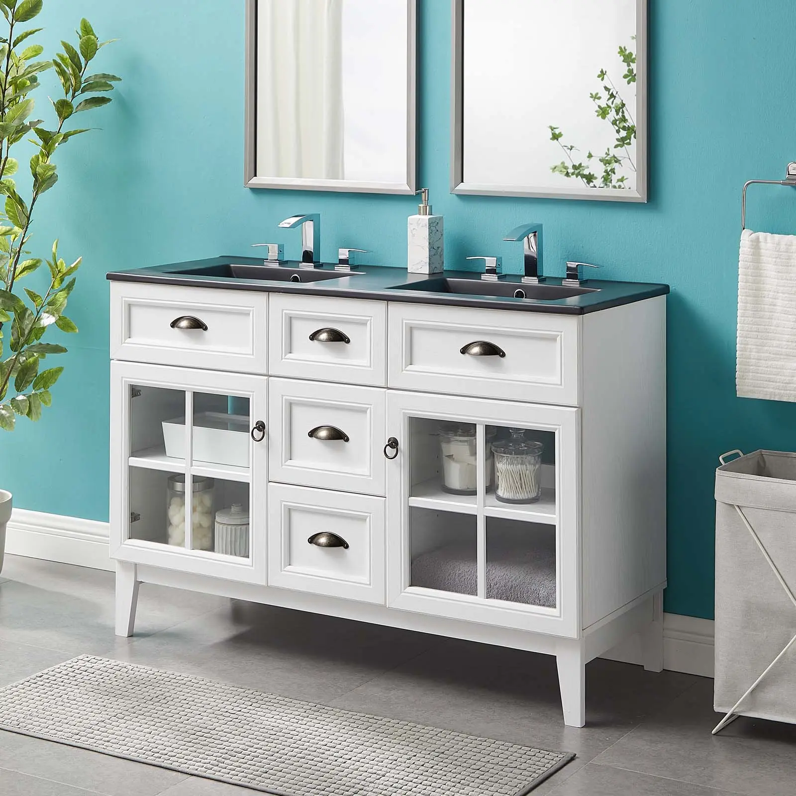Modway Isle 48" Double Bathroom Vanity Cabinet, Modern Storage Cabinet - White, Black