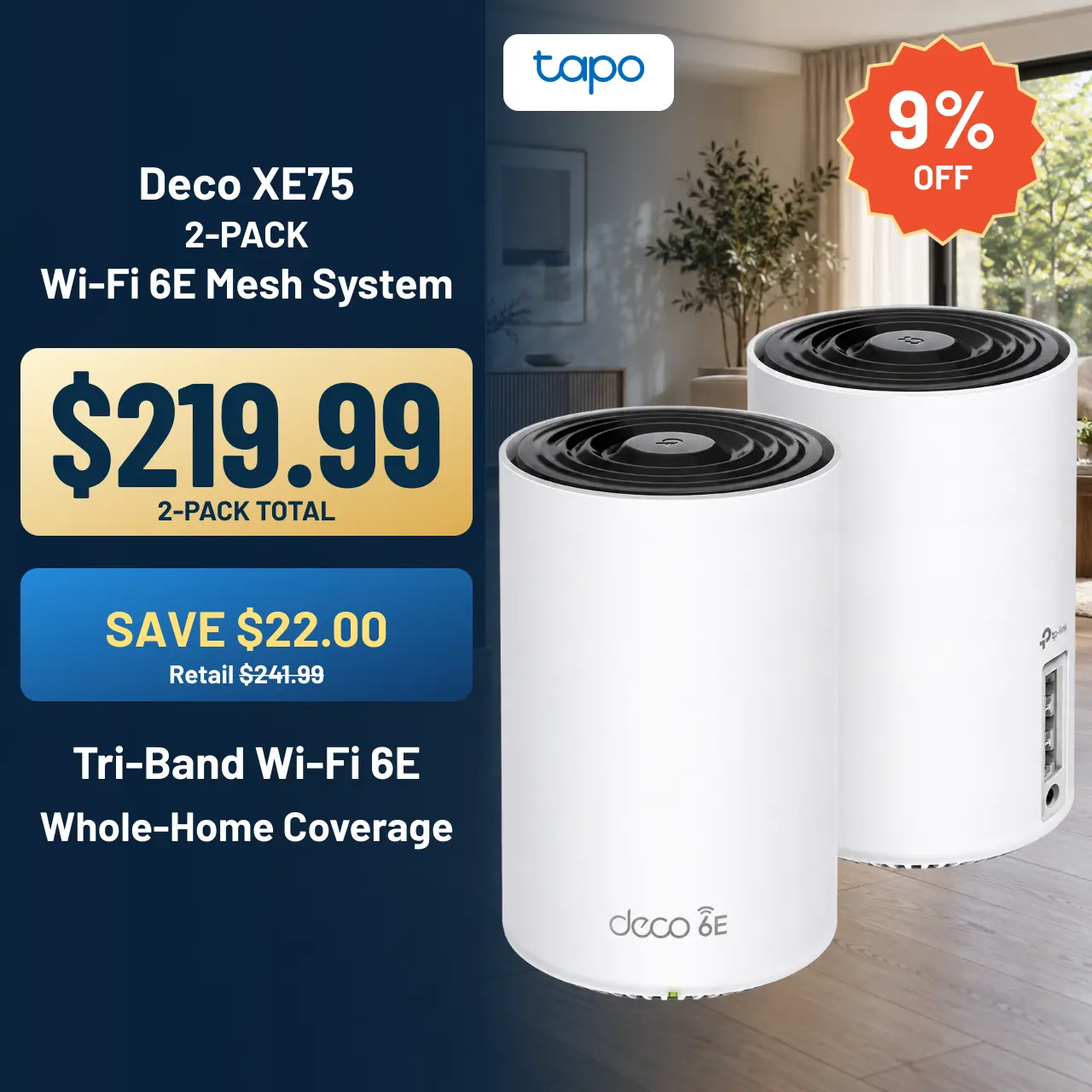TP-Link Deco XE75 2-Pack AXE5400 Tri-Band Wi-Fi 6E Mesh System - High Speed WiFi, 2.4GHz Band, 5500 Sq.Ft Whole-Home Coverage, 5400Mbps Speed, AI Smart Mesh, 6GHz No-Lag Gaming, Travel Router, Supports 200+ Devices