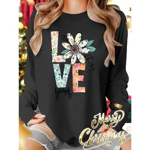 Christmas Autumn And Winter Outfits Featuring a Love Small Chrysanthemum Print Round Neck Casual Sports T-Shirt, Fresh And Elegant Plus-Size Women'S Long Sleeve Top for Fall And Winter. Fashionable for Commuting, Vacation, And Everyday Wear