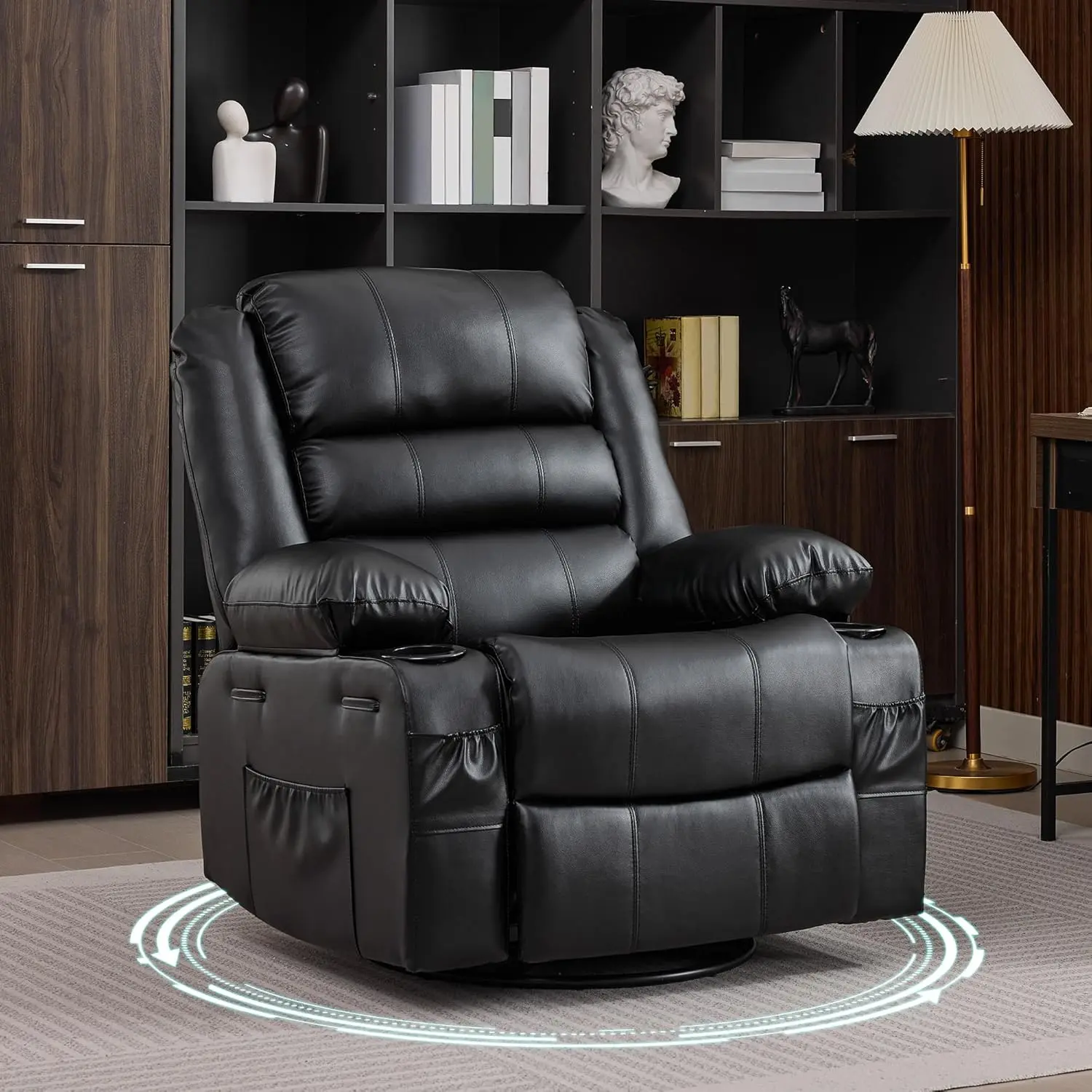Rocking Recliner Chair for Adults Wide 360° Swivel Rocker Recliner with Cup Holder  with Upholstered Deep Seat PU Leather Comfy Single Sofa for Living Room