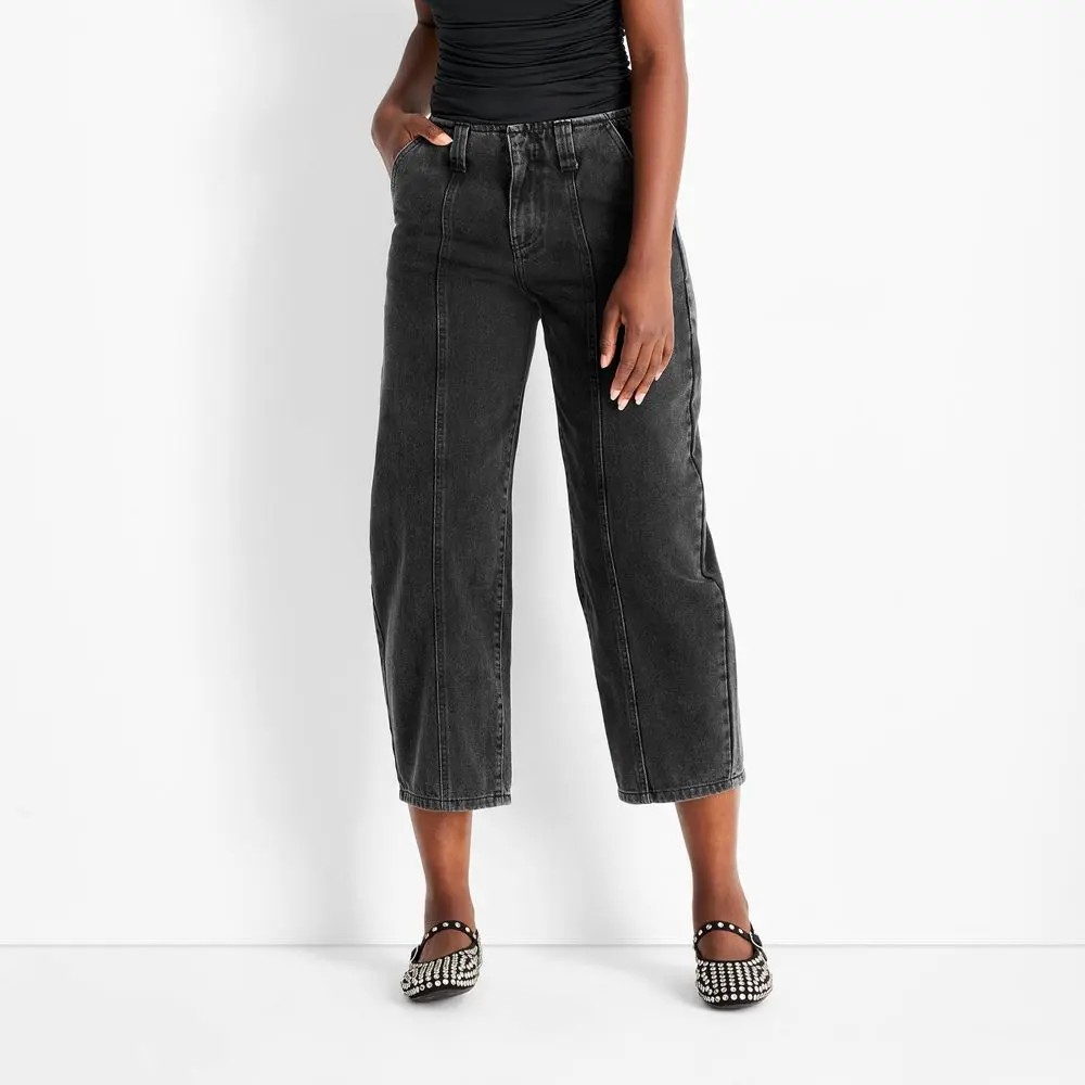 Women's Mid-Rise Barrel Leg Cotton Fabric Bottom Jeans - Future Collective, Versatile Garment for Easy Matching