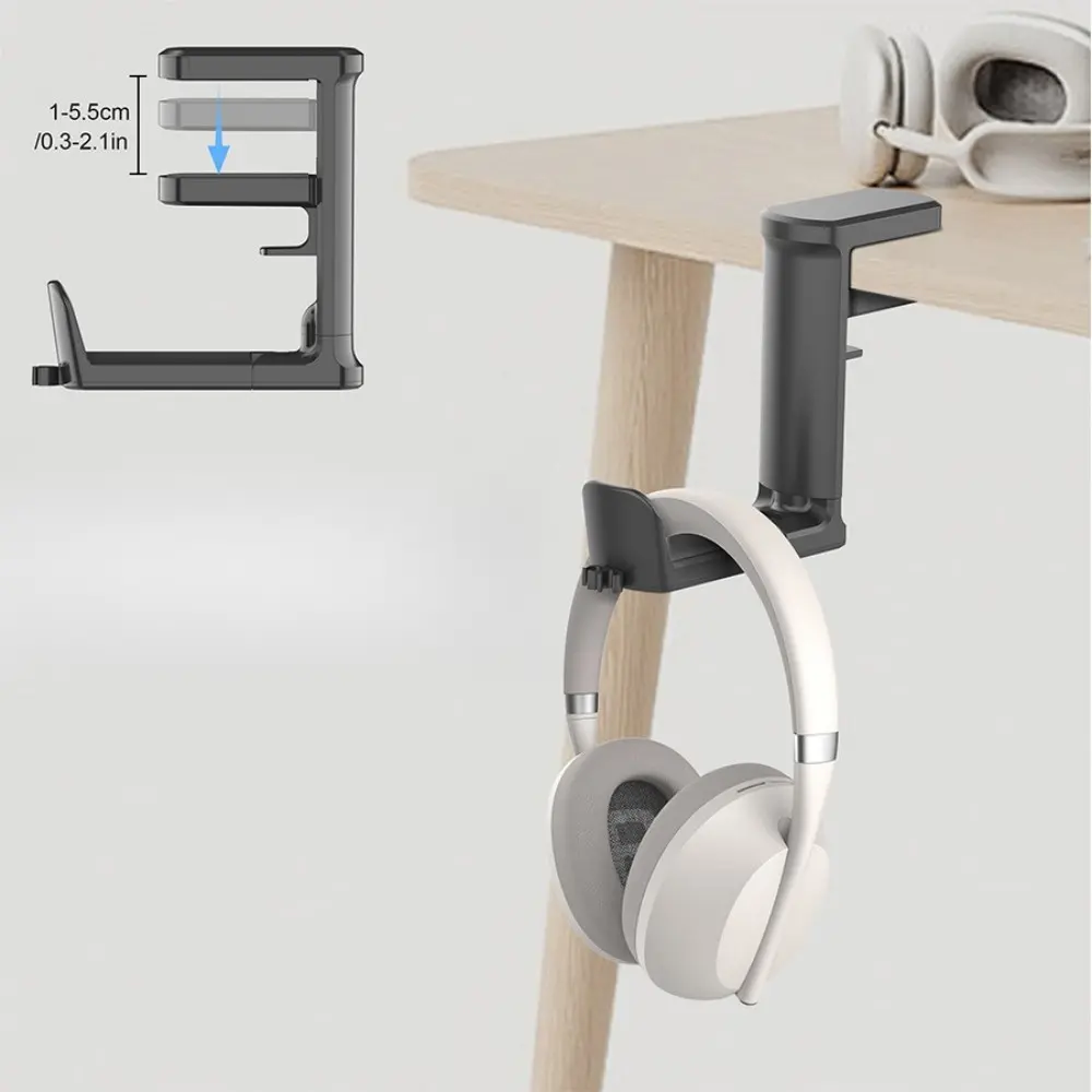Black Headphone Holder - 360-Degree Rotation, Cable Organizer, Plastic Hanger Mount, Headset Clamp, Audio Accessory, Fits 1-5.5cm Headsets, Fits Headsets