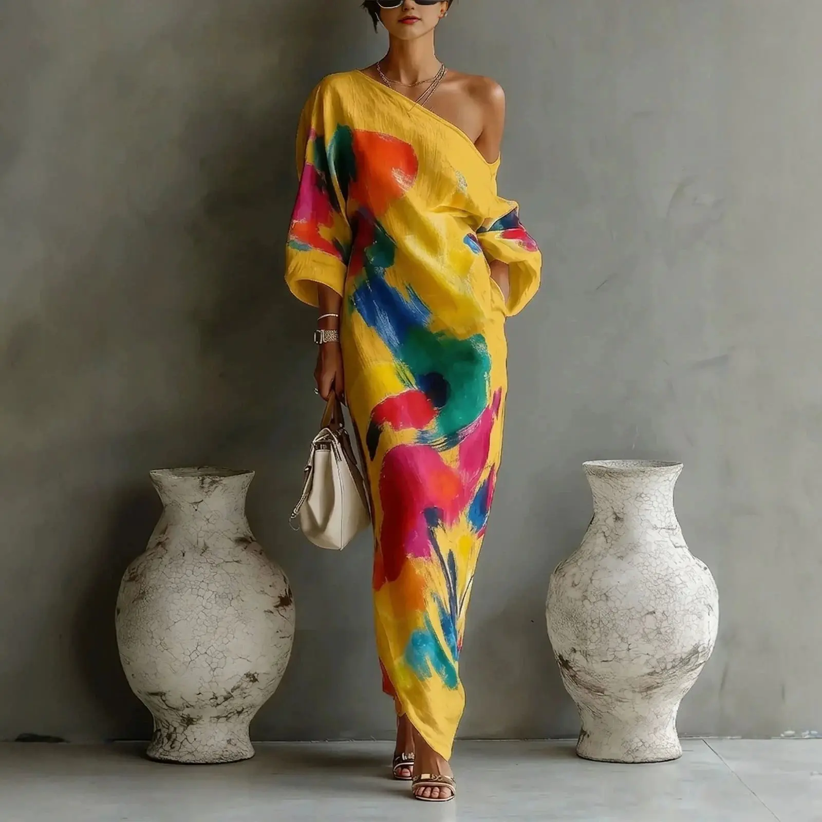 Women's Off Shoulder Graffiti Pattern Casual Polyester Midi Dress - 3/4 Sleeve, All Seasons, XXL, Graffiti Pattern Casual Dresses, Graphic, Printed Graffiti