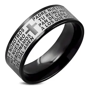 My Daily Styles Stainless Steel Black Silver-Tone Padre Nuestro Lords Prayer in Spanish Ring Band