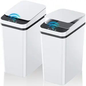 2-Pack Modern 2.4 Gal Touchless Motion Sensor Smart Trash Can, Slim Waterproof Bin for Bathroom, Bedroom (White, Black) - Home & Bathroom Supplies Gadgets