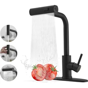 Black 3 Function Waterfall Single Handle Commercial Stainless Steel Kitchen Faucet with Pull Down Sprayer