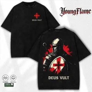 Unisex Deus Vult Knight Templar Washed Short-Sleeve Round Neck T-Shirt, Retro Medieval Crusader Warrior Graphic Tee, Christian Casual Streetwear Top, Summer Outfit Gift for Guys, Menswear Merch men fashion black fits outdoorfun
