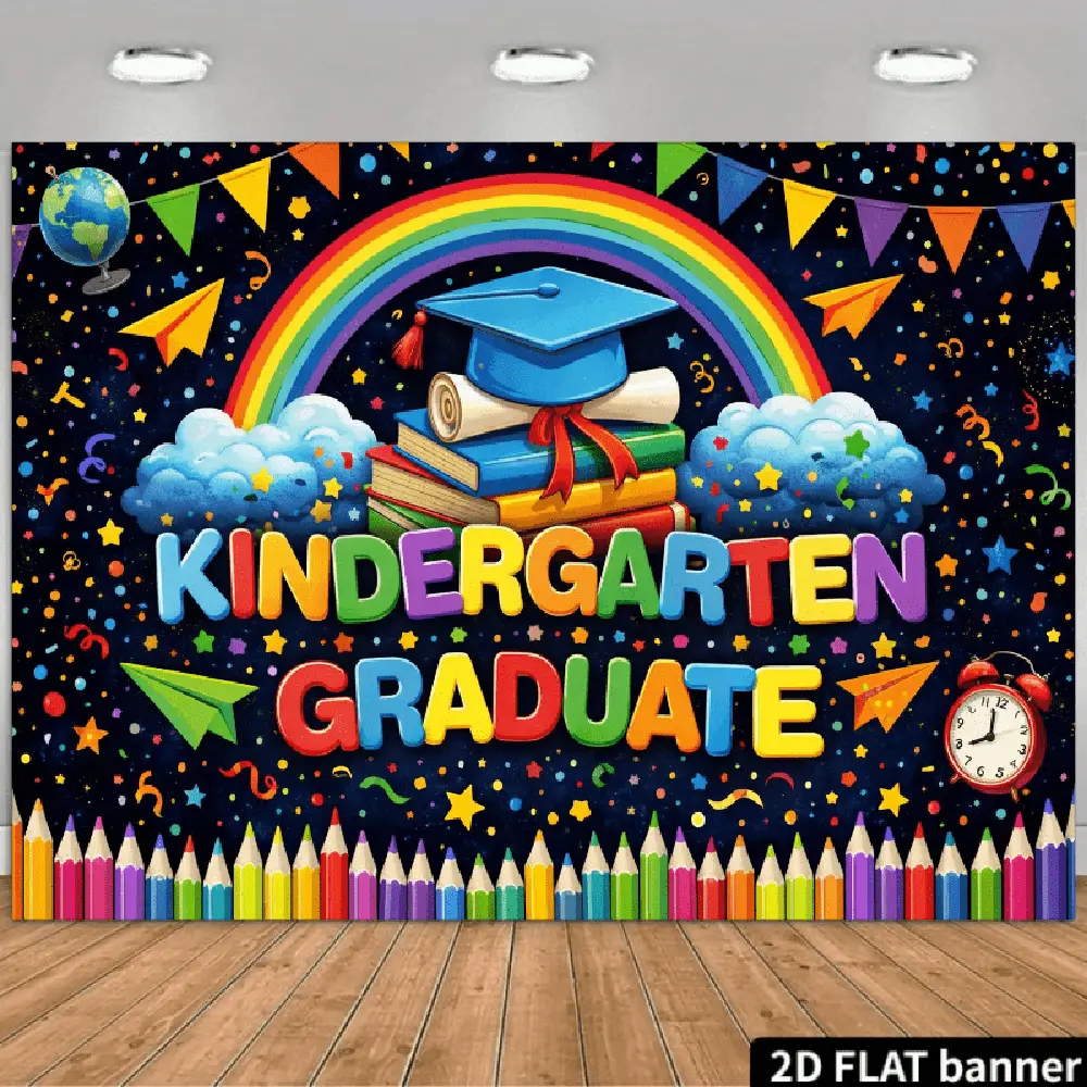 1PC 2D Flat Backdrop - Kindergarten Graduate Decorative Banner, Children's Graduation Party Photo Background Wall with Rainbow, Books, Bachelor Cap Elements, Photo Backdrop