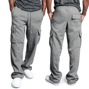 Men’s sweatpants/joggers, straight fit, loose oversized, drawstring, long pants, multi-pocket, beige plain, motocross trousers
