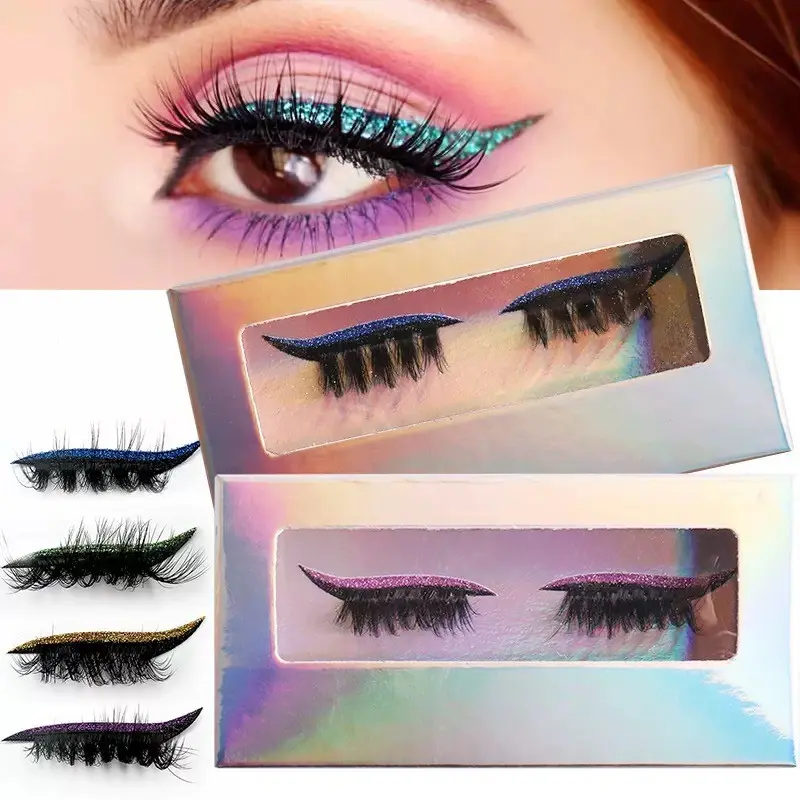 1 Pair Self-Adhesive False Eyelash & Eyeliner Stickers Suitable for Beginners, Glue-Free Waterproof Volume Lashes with Glitter, // Curl -Eye Style, Double Eyelid Tape for Party Nightclub Stage Makeup, Instant Volume, Beginner Friendly Lashes