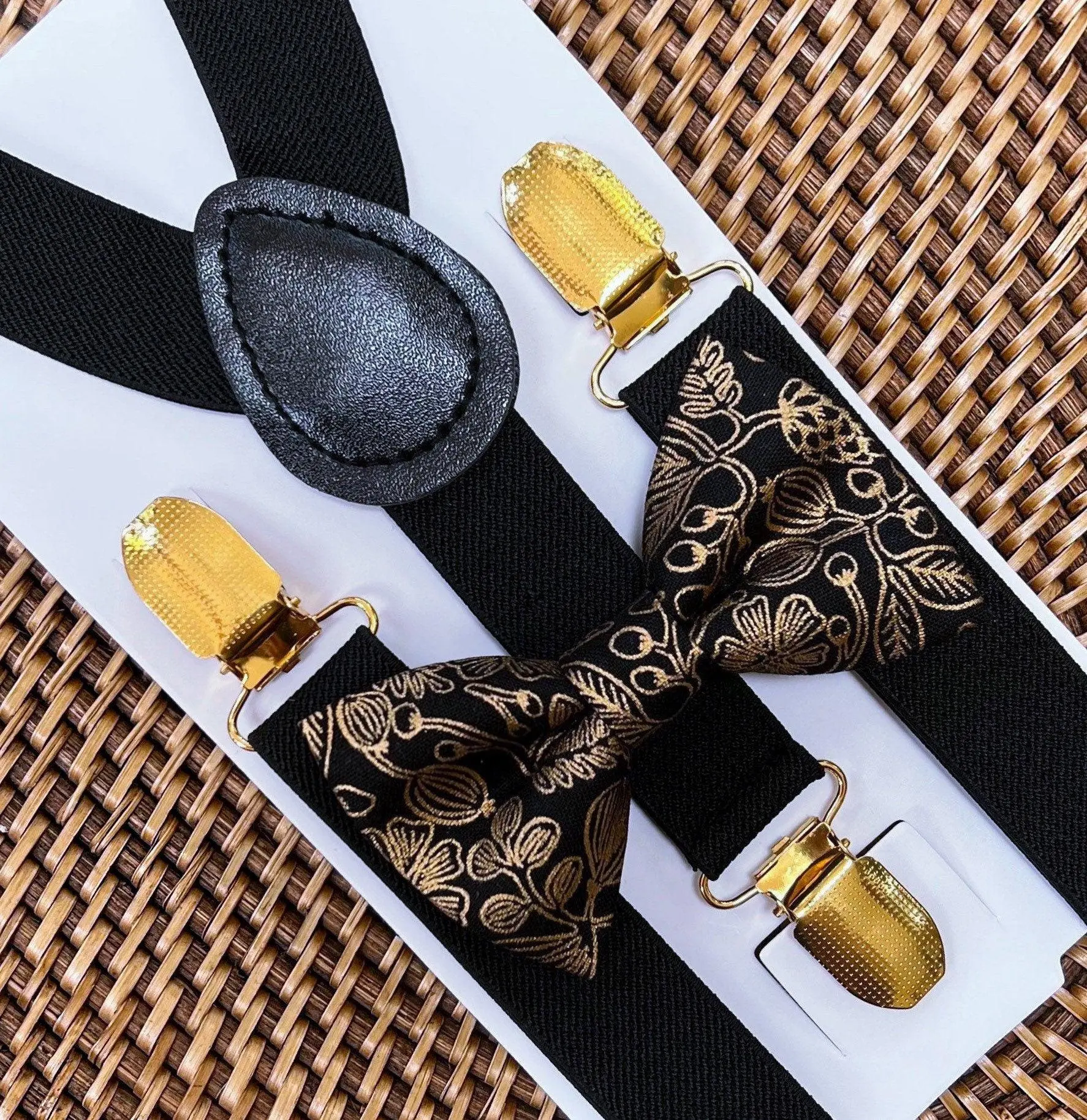 Black & Gold Bow Tie and Black & Gold Suspenders Set - Wedding & New Years