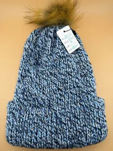 Speckle Blue Pom Hat with Faux Fur Pom Pom for Winter Fashion