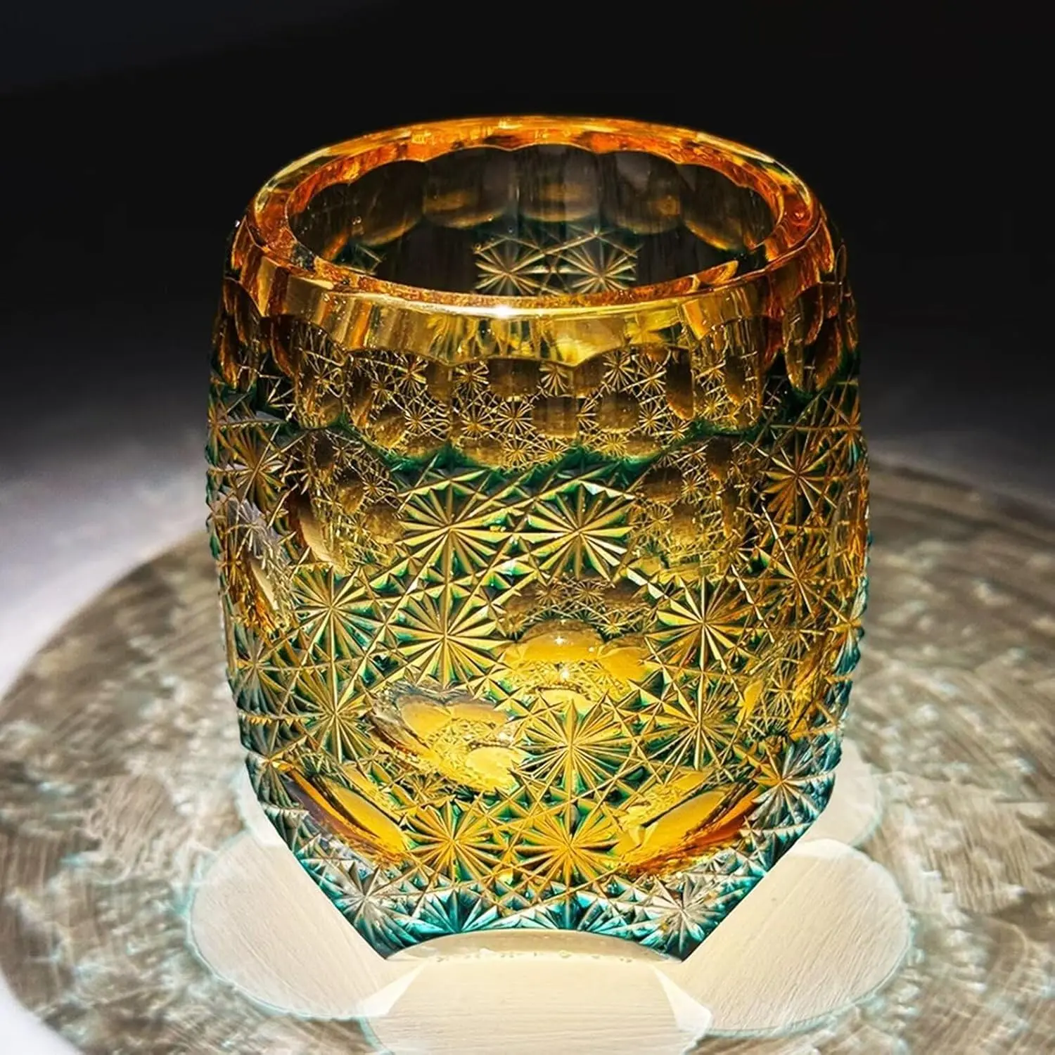 Hand Carved Amber Whiskey Glass - 9.8oz Premium Spirits Cup, High-End Crystal Lowball Cocktail Glassware, Luxury Round Mouth Drinking Glass for Celebrations, Summervibes
