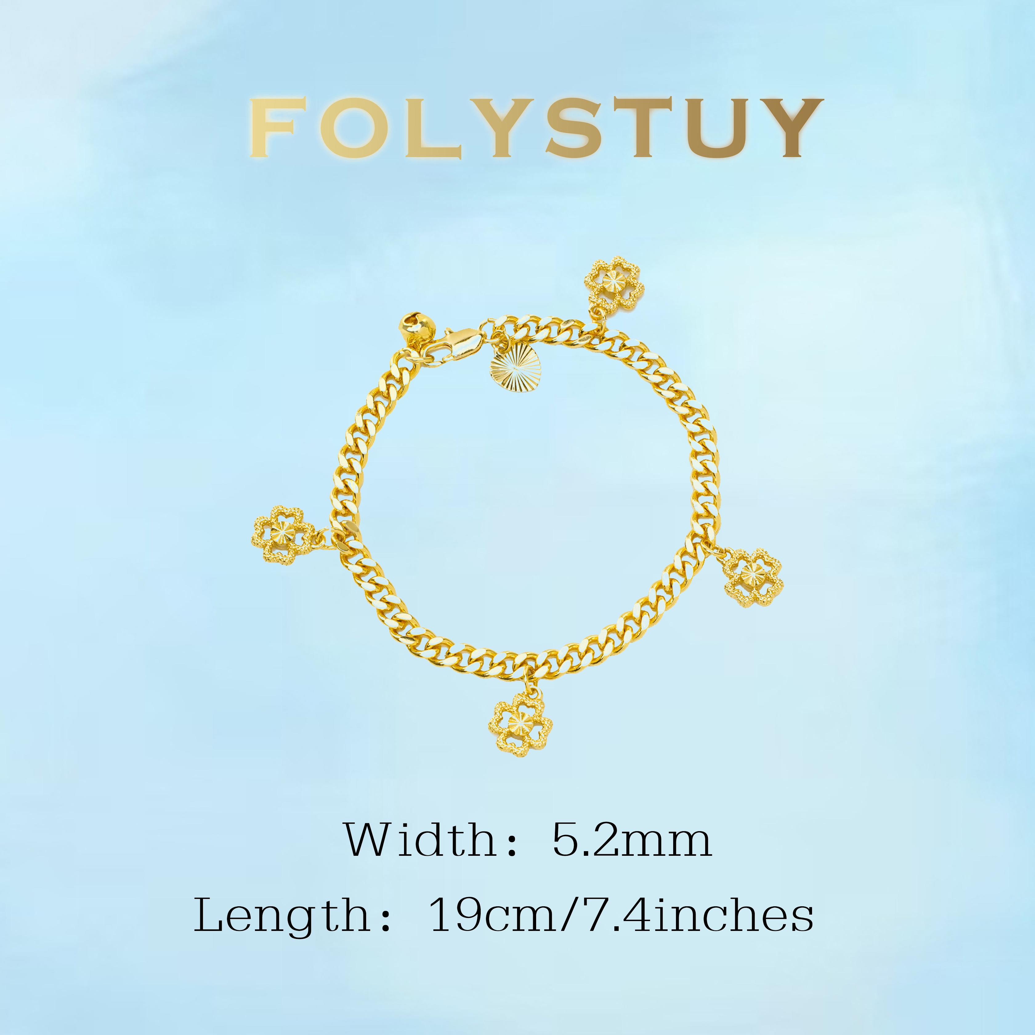 [FOLYSTUY (W163)]Cuban Link Chain Bracelet with Multiple Flower Charms, 0.2" Width 7.4" Length, Elegant Statement Wrist Bangle for Daily Wear & Gifting