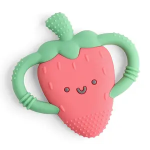 Strawberry-Shaped Baby Teether with Handles; Silicone Teether for Babies with Easy-Grab