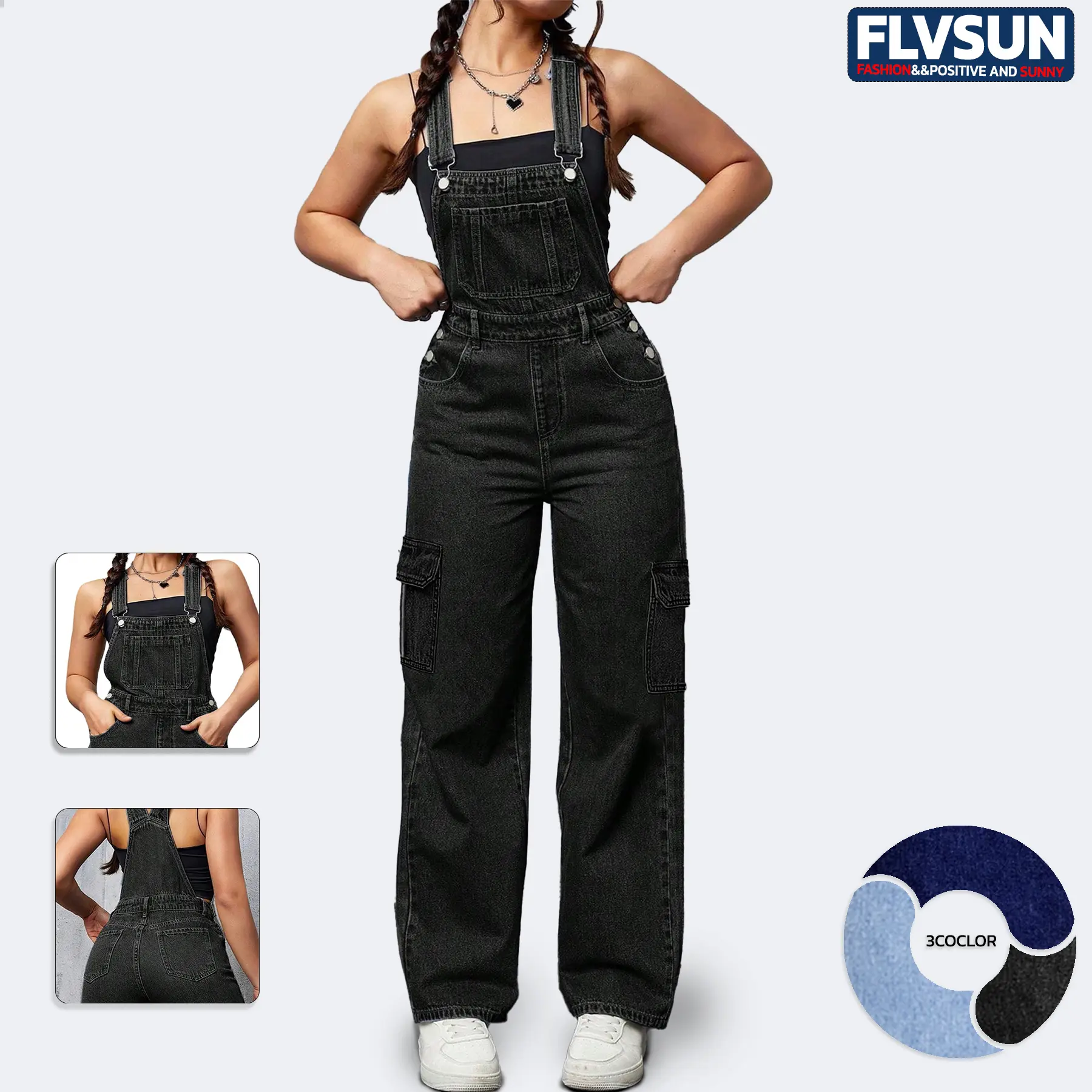 Flvsun Women's Sleeveless Plain Polyester Wide-Leg Cargo Overalls - Adjustable Straps, Adjustable Waist, Loose-Fit Bib Jumpsuit, Stylish Women's Wear, Adjustable Waist Overalls, Women's Clothing
