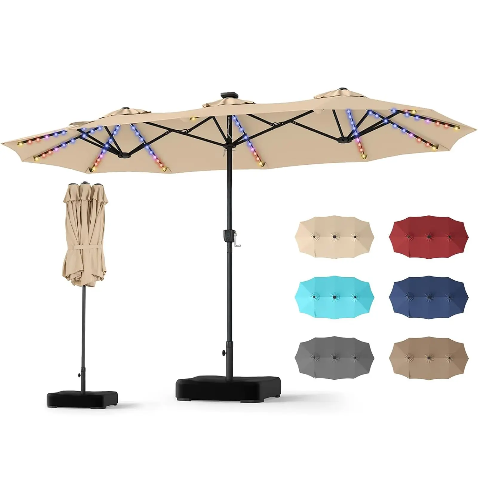 【Multi-Colored Solar Lights】COSTWAY 15.5FT Patio Umbrella with Base Included | 144 LED Lights, Extra Large, 12 Modes, 12 Sturdy Ribs, Crank Handle, Vented Top, for Pool, Garden, Yard, Deck