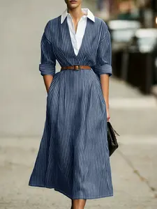 Women's Striped Dress, Fake Two-Piece Seven-Quarter Sleeve Shirt Collar Color Block Pocket Button Design, Casual Dresses, Casual Daily Commute Wear