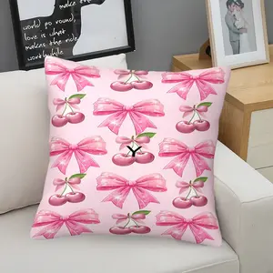 Cute Pink Cherries and Sparkly Bow Throw Pillow, Digital Printed Cushion, 45cm Square Decor with Inner Cushion, Feminine Pastel Floral Design, Perfect for Bedroom & Living Room, Cozy and Stylish Home Accent