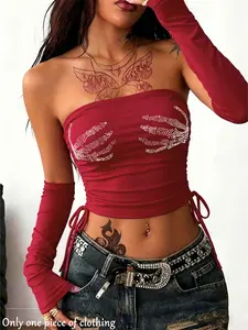 Summer Y2K Style Tube Top, Rhinestone Palm Print, Slim Fit, Sleeveless, Drawstring Waist, Breathable, Women's Clothing
