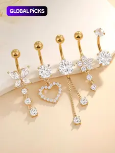 Rhinestone Decor Belly Button Ring, Cute Butterfly Flower & Love Heart Charm Belly Ring, Body Jewellery for Women & Girls Valentine's Day Gift, Body Piercing Jewelry, Fashion Body Jewelry