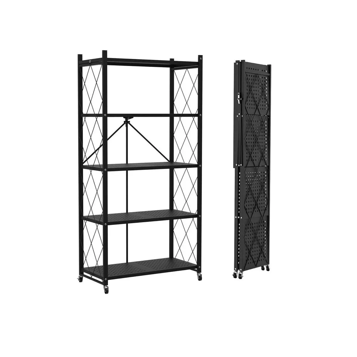 Metal Foldable Storage Shelf Rack - Collapsible Shelving Display, Lightweight & Waterproof, Black, Space-Saving, Durable, Versatile for Kitchen & Pantry Use, Modern Shoe Organizer, 360-Degree Mobility, 90 lbs Capacity - Room