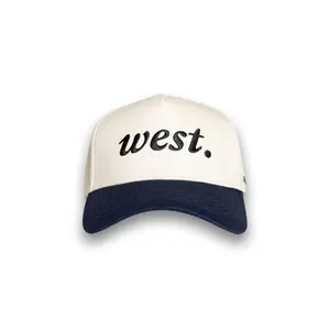 Andar The West Classic Cream & Navy Cotton Snapback Trucker Hat - Embroidered 'west.' Script, Western-Inspired Adjustable High-Quality Fashion Accessory, Hats, Accessories