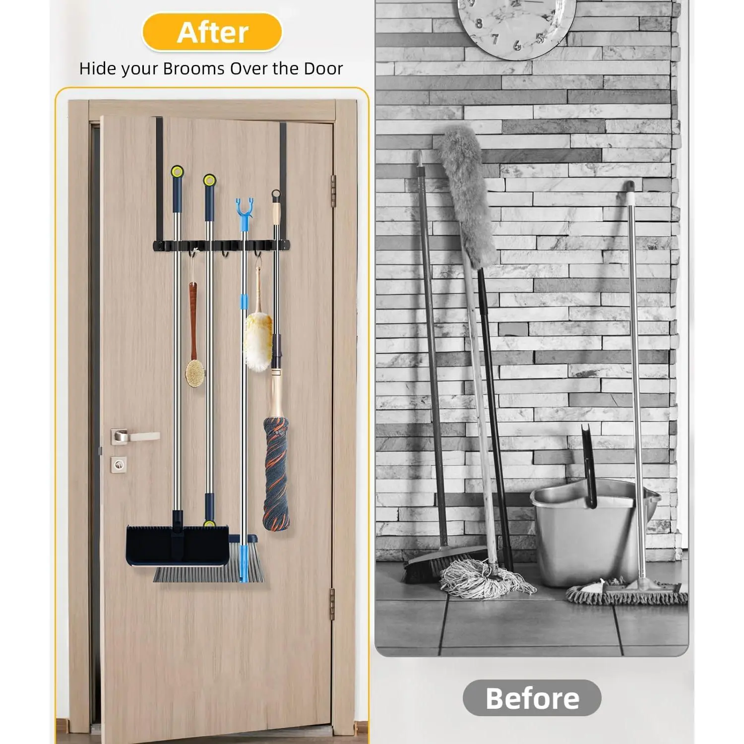 Broom Holder Over The Door - 304 Stainless Steel Mop and Broom Holder Wall Mounted or Hanging Over The Door with Hooks - Broom Hanger, Broom Storage Tool Organizer for Garage Closet Laundry